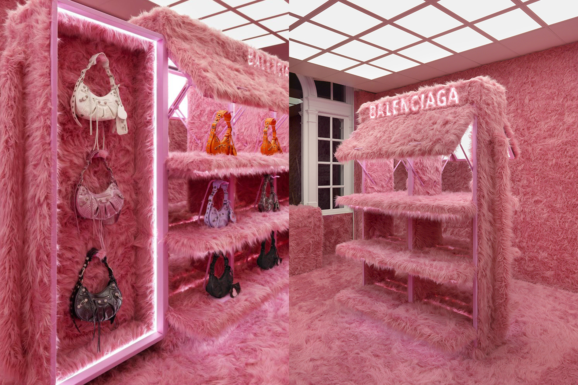 Balenciaga dévoile une boutique en fausse fourrure rose